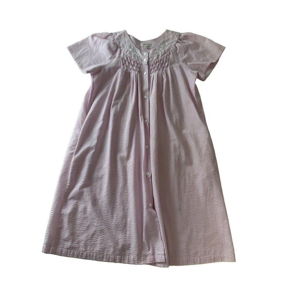 Miss Elaine Seersucker Nightgown House Dress L Pink Stripe with Embroidery Snap